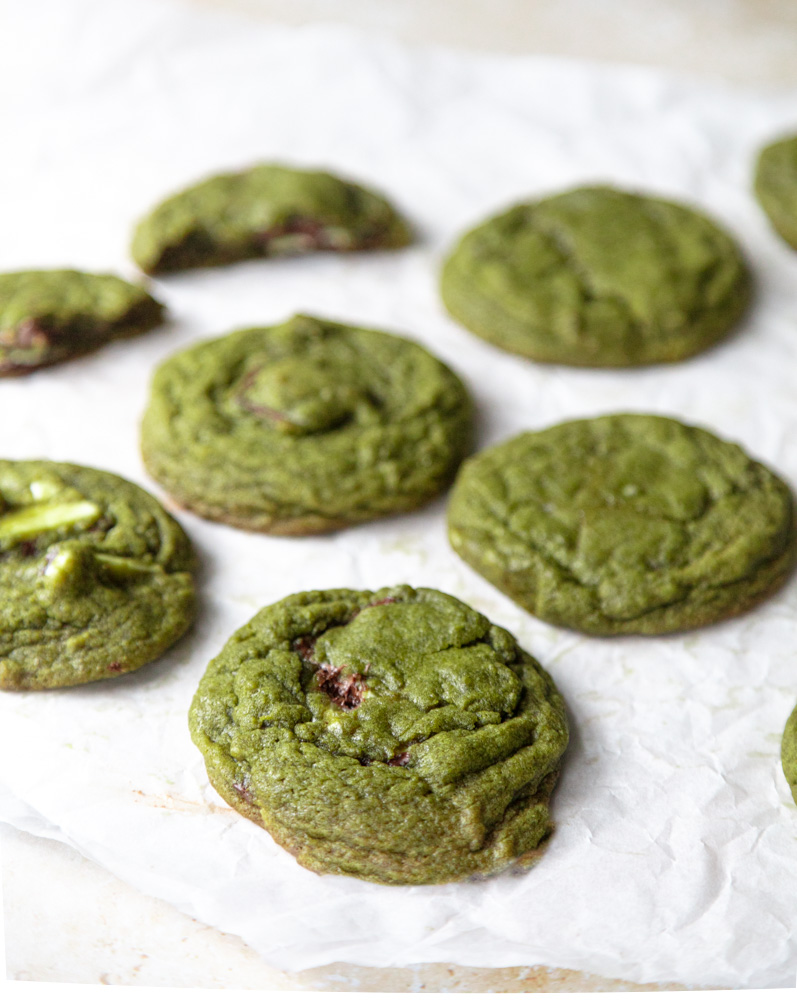matcha cookies on parchment paper