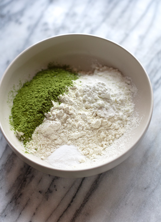 matcha powder, flour, salt, baking soda in bowl
