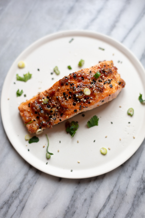 miso butter salmon filet on a plate