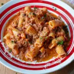 Creamy bolognese sauce with pasta on a white plate with red trim and napkin on table