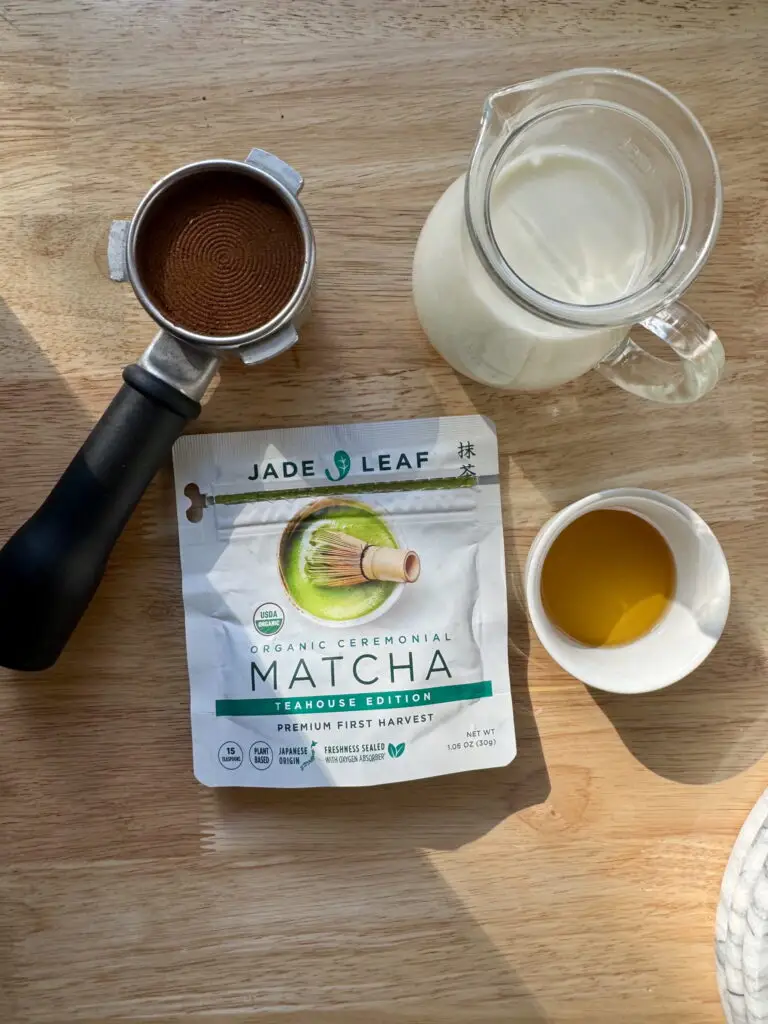 Ingredients needed to make an iced dirty matcha latte.