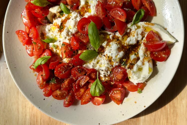 close-up of creamy burrata topped with marinated cherry tomatoes, drizzled with vinaigrette, and garnished with fresh basil on a speckled plate in natural sunlight