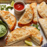 crispy baked chicken tacos on a sheet pan served with avocado crema and salsa