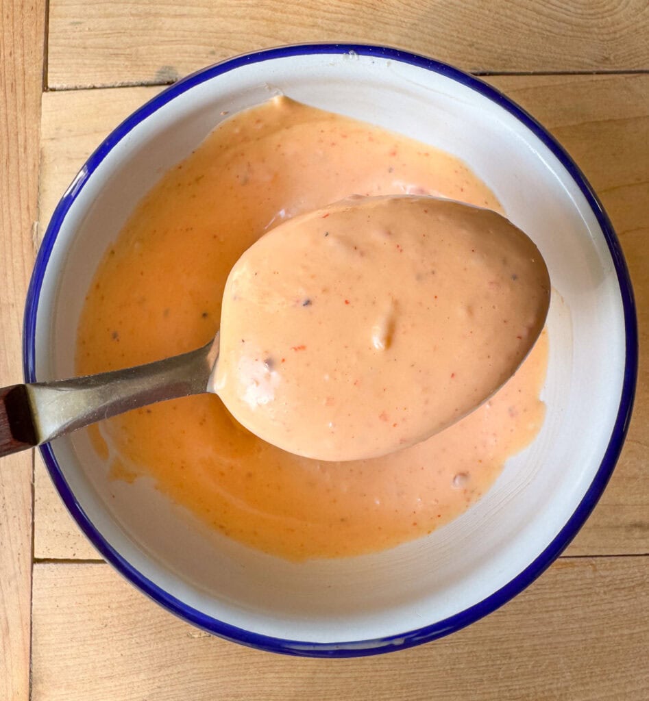 bang bang sauce in a bowl creamy sweet and spicy sauce