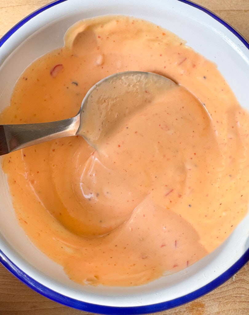 close up of bang bang sauce creamy sweet and spicy texture