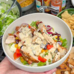 southwest chicken salad with grilled chicken, beans, corn, and creamy taco salad dressing